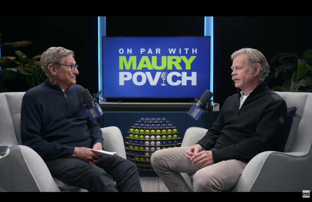 video podcast studio with maury povich and william h macey. custom lighting podcast mics and logo